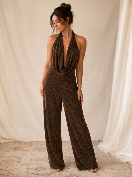 En Créme Pants - En Crème Metallic Bronze Halter Jumpsuit